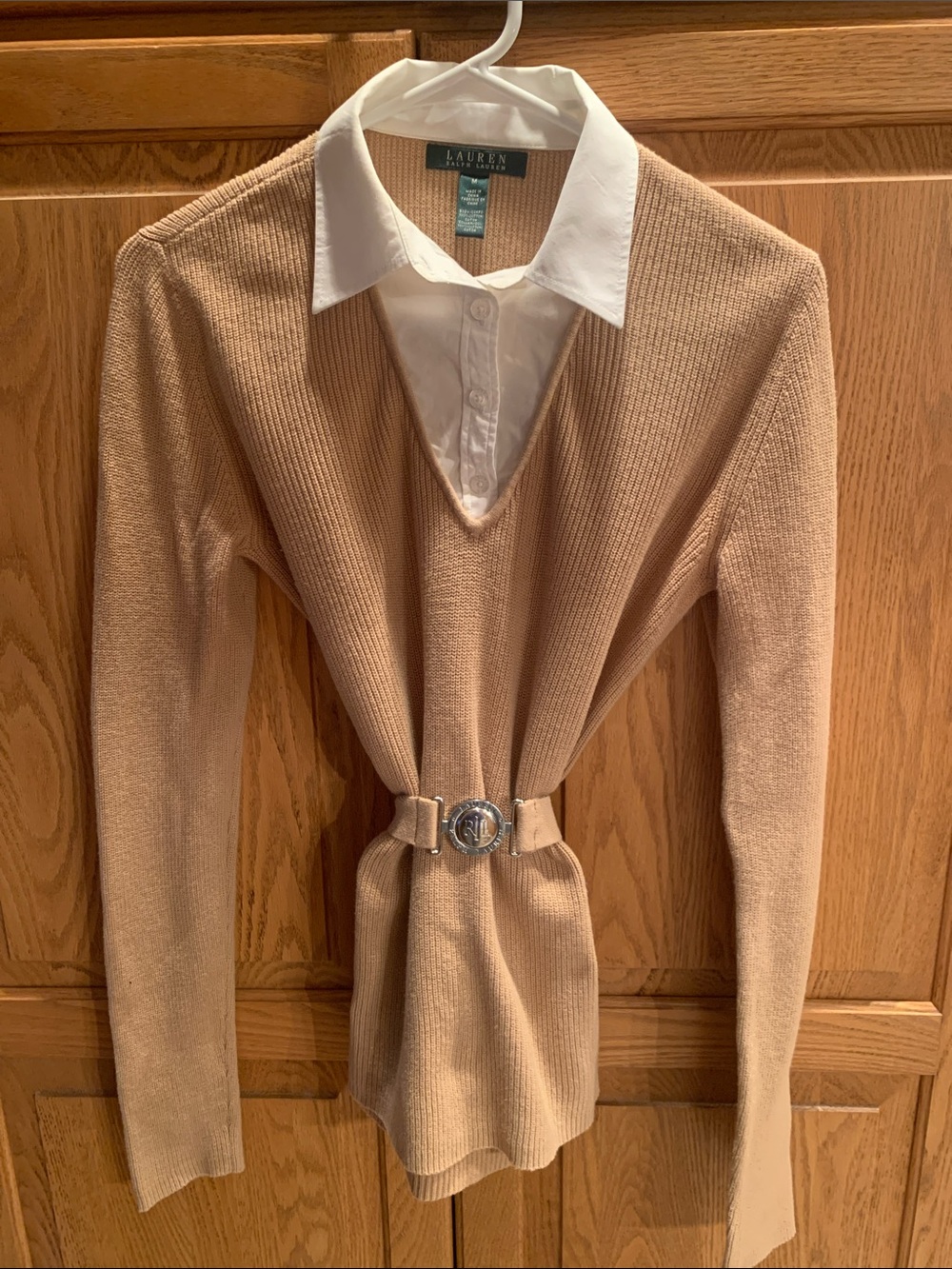 Lauren by Ralph Lauren Tan V-Neck Sweater with White Attached Collar
